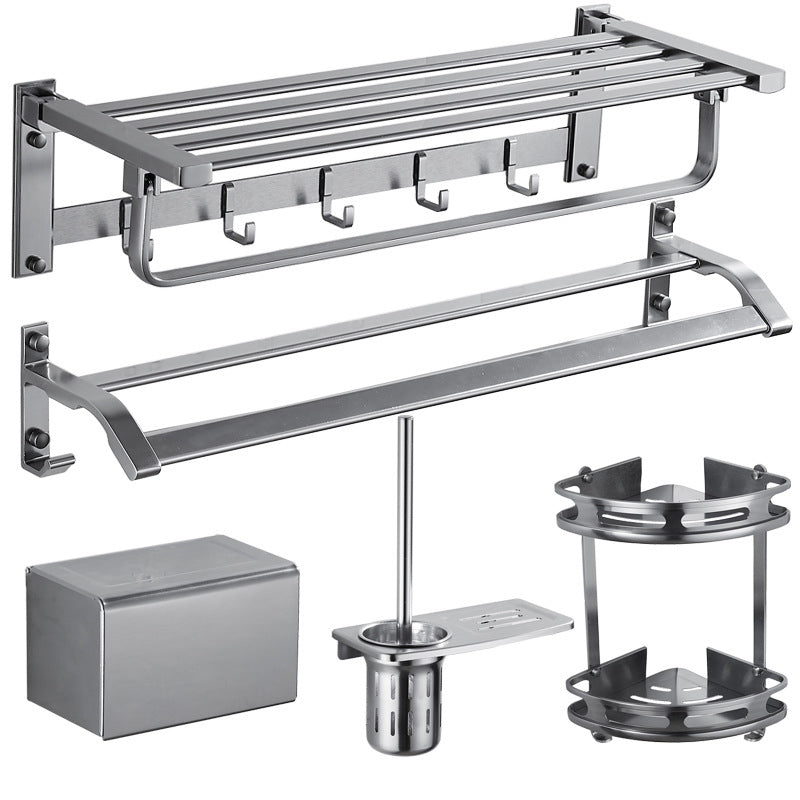 5-Piece Bathroom Accessory Set Alumimun Bath Shelf/Towel Bar Included Bathroom Set Grey 5 piece Set Clearhalo 'Bathroom Hardware Sets' 'Bathroom Hardware' 'Bathroom Remodel & Bathroom Fixtures' 'bathroom_hardware_sets' 'Home Improvement' 'home_improvement' 'home_improvement_bathroom_hardware_sets' 6897283