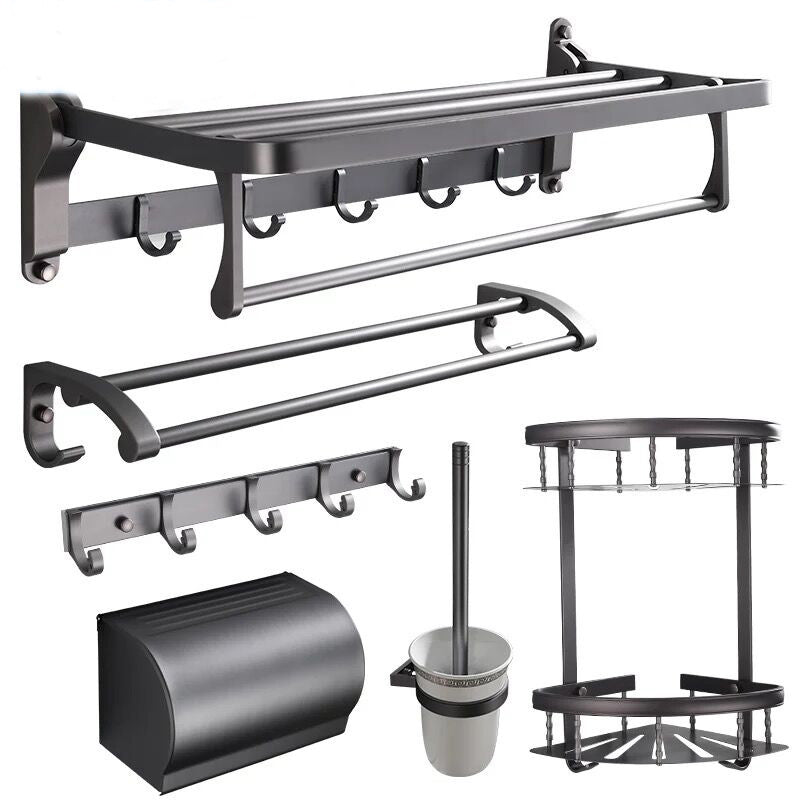 Modern 5/6-Piece Bathroom Accessory Set with Bath Shelf/Robe Hooks/Towel Bar Grey 6-Piece Set Clearhalo 'Bathroom Hardware Sets' 'Bathroom Hardware' 'Bathroom Remodel & Bathroom Fixtures' 'bathroom_hardware_sets' 'Home Improvement' 'home_improvement' 'home_improvement_bathroom_hardware_sets' 6897330