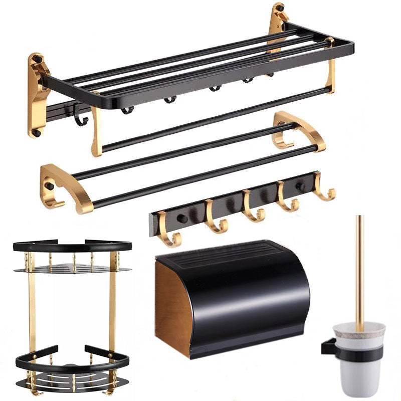 Modern 5/6-Piece Bathroom Accessory Set with Bath Shelf/Robe Hooks/Towel Bar Black Gold 6-Piece Set Clearhalo 'Bathroom Hardware Sets' 'Bathroom Hardware' 'Bathroom Remodel & Bathroom Fixtures' 'bathroom_hardware_sets' 'Home Improvement' 'home_improvement' 'home_improvement_bathroom_hardware_sets' 6897334