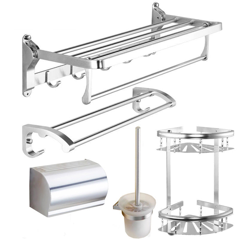 Modern 5/6-Piece Bathroom Accessory Set with Bath Shelf/Robe Hooks/Towel Bar Chrome 6-Piece Set Clearhalo 'Bathroom Hardware Sets' 'Bathroom Hardware' 'Bathroom Remodel & Bathroom Fixtures' 'bathroom_hardware_sets' 'Home Improvement' 'home_improvement' 'home_improvement_bathroom_hardware_sets' 6897337