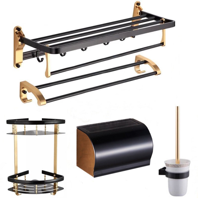 Modern 5/6-Piece Bathroom Accessory Set with Bath Shelf/Robe Hooks/Towel Bar Black Gold 5 piece Set Clearhalo 'Bathroom Hardware Sets' 'Bathroom Hardware' 'Bathroom Remodel & Bathroom Fixtures' 'bathroom_hardware_sets' 'Home Improvement' 'home_improvement' 'home_improvement_bathroom_hardware_sets' 6897344