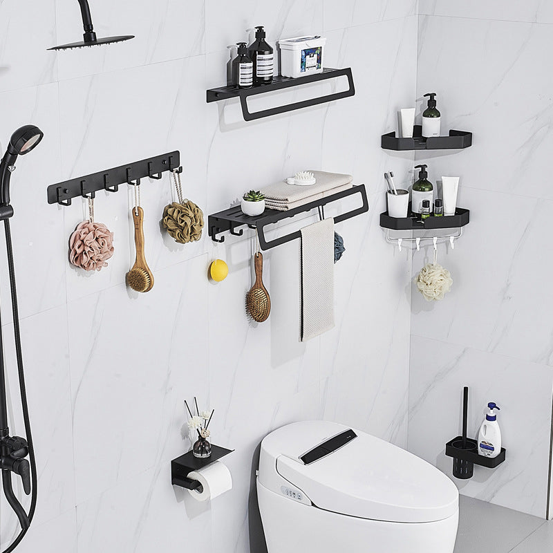 7-Piece Bathroom Hardware Set Matte Black/Gray with Bath Shelf/Towel Bar/Robe Hooks Black 7-Piece Set Clearhalo 'Bathroom Hardware Sets' 'Bathroom Hardware' 'Bathroom Remodel & Bathroom Fixtures' 'bathroom_hardware_sets' 'Home Improvement' 'home_improvement' 'home_improvement_bathroom_hardware_sets' 6897366