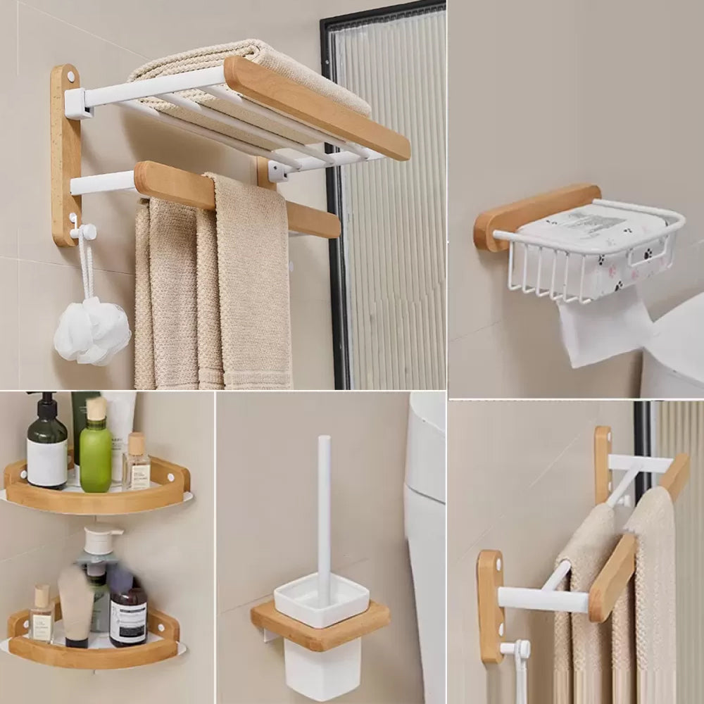 Modern Natural Bathroom Accessory As Individual Or As a Set in Solid Wood Natural 6-Piece Set (Towel Bar) Clearhalo 'Bathroom Hardware Sets' 'Bathroom Hardware' 'Bathroom Remodel & Bathroom Fixtures' 'bathroom_hardware_sets' 'Home Improvement' 'home_improvement' 'home_improvement_bathroom_hardware_sets' 6897445