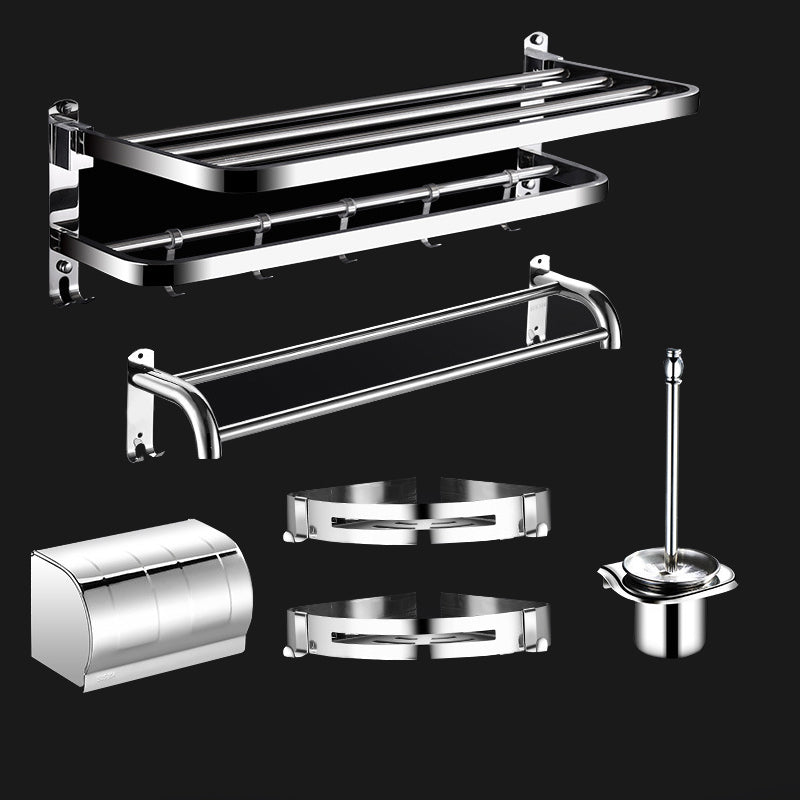 Classic Polished Chrome Bathroom Accessory Set Towel Bar/Paper Holder/Robe Hook Included 6 Piece Set Horizontal Bars With Hooks (Towel Holder) Clearhalo 'Bathroom Hardware Sets' 'Bathroom Hardware' 'Bathroom Remodel & Bathroom Fixtures' 'bathroom_hardware_sets' 'Home Improvement' 'home_improvement' 'home_improvement_bathroom_hardware_sets' 6908080