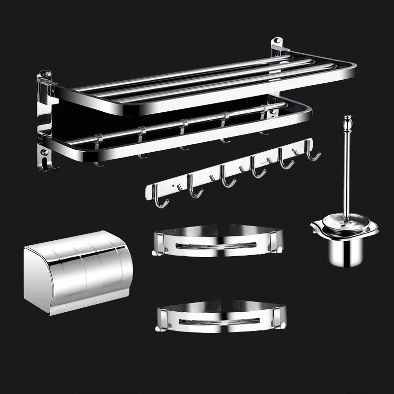 Classic Polished Chrome Bathroom Accessory Set Towel Bar/Paper Holder/Robe Hook Included Horizontal with Hook 6-Piece Set (Row Hook) Clearhalo 'Bathroom Hardware Sets' 'Bathroom Hardware' 'Bathroom Remodel & Bathroom Fixtures' 'bathroom_hardware_sets' 'Home Improvement' 'home_improvement' 'home_improvement_bathroom_hardware_sets' 6908085