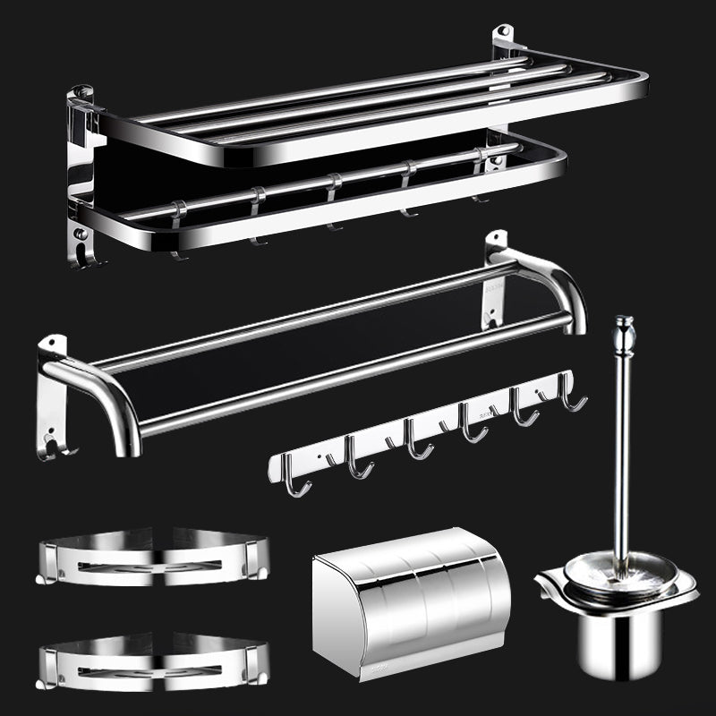 Classic Polished Chrome Bathroom Accessory Set Towel Bar/Paper Holder/Robe Hook Included Horizontal Bar with Hook7-Piece Set Clearhalo 'Bathroom Hardware Sets' 'Bathroom Hardware' 'Bathroom Remodel & Bathroom Fixtures' 'bathroom_hardware_sets' 'Home Improvement' 'home_improvement' 'home_improvement_bathroom_hardware_sets' 6908096