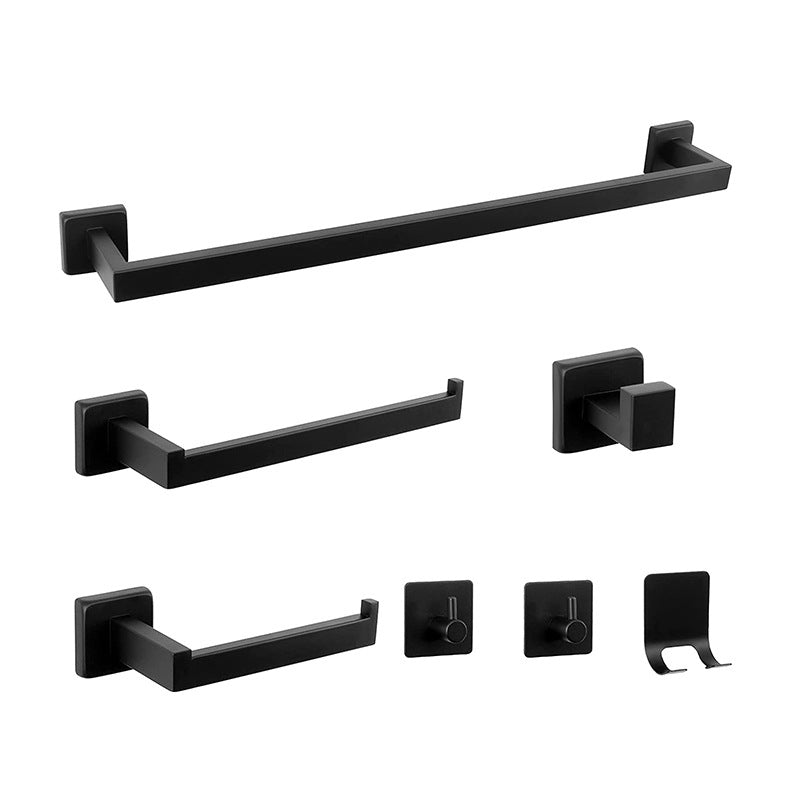 7-Piece Bath Hardware Set in Stainless Steel with Paper Holder/Robe Hooks/Towel Ring Bar Black 7-Piece Set (Hair Dryer Holder) Clearhalo 'Bathroom Hardware Sets' 'Bathroom Hardware' 'Bathroom Remodel & Bathroom Fixtures' 'bathroom_hardware_sets' 'Home Improvement' 'home_improvement' 'home_improvement_bathroom_hardware_sets' 6908122