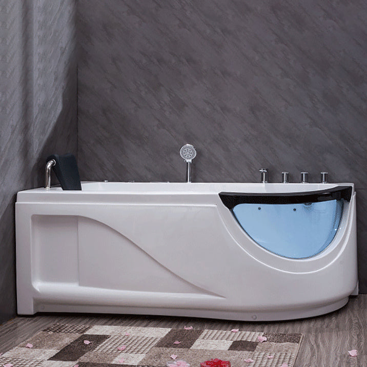 Free Form Corner Bathtub Acrylic Soaking White Modern Back to Wall Bathtub 63"L x 31.5"W x 25"H Right Tub with Silver 5-Piece Set Clearhalo 'Bathroom Remodel & Bathroom Fixtures' 'Bathtubs' 'Home Improvement' 'home_improvement' 'home_improvement_bathtubs' 'Showers & Bathtubs' 6908263