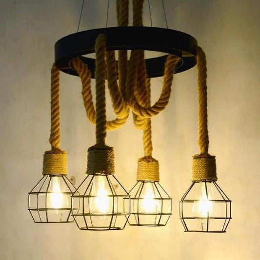 4/6 Bulbs Dome Cage Ceiling Light Retro Style Brown Rope and Metal Chandelier Pendant Light for Hallway 4 Brown Clearhalo 'Ceiling Lights' 'Chandeliers' 'Industrial Chandeliers' 'Industrial' 'Middle Century Chandeliers' 'Tiffany' Lighting' 69110