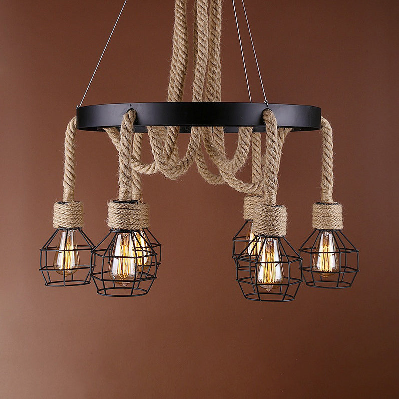 4/6 Bulbs Dome Cage Ceiling Light Retro Style Brown Rope and Metal Chandelier Pendant Light for Hallway Clearhalo 'Ceiling Lights' 'Chandeliers' 'Industrial Chandeliers' 'Industrial' 'Middle Century Chandeliers' 'Tiffany' Lighting' 69112
