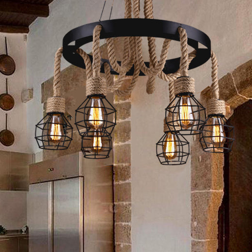 4/6 Bulbs Dome Cage Ceiling Light Retro Style Brown Rope and Metal Chandelier Pendant Light for Hallway Clearhalo 'Ceiling Lights' 'Chandeliers' 'Industrial Chandeliers' 'Industrial' 'Middle Century Chandeliers' 'Tiffany' Lighting' 69113