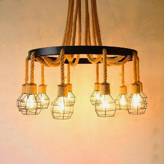 4/6 Bulbs Dome Cage Ceiling Light Retro Style Brown Rope and Metal Chandelier Pendant Light for Hallway 10 Brown Clearhalo 'Ceiling Lights' 'Chandeliers' 'Industrial Chandeliers' 'Industrial' 'Middle Century Chandeliers' 'Tiffany' Lighting' 69114
