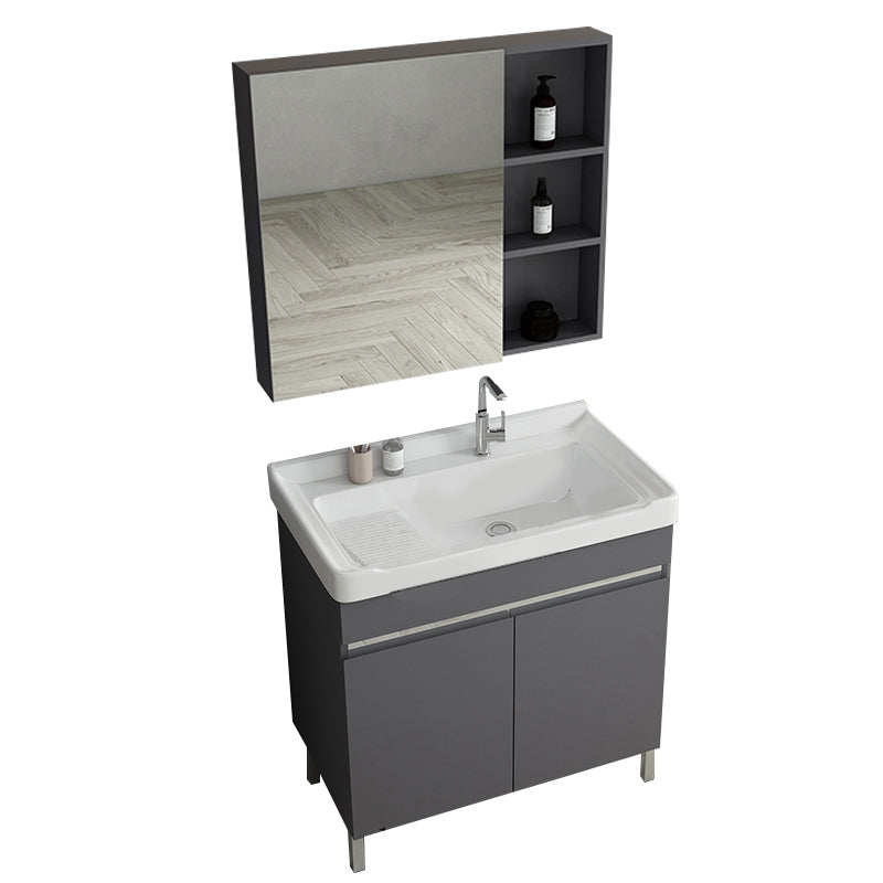 Gray Metal Vanity Sink Modern Free-standing Standard Space Saver Vanity Vanity & Faucet & Mirror Cabinet 28"L x 18.9"W x 32.7"H Washboard Included Clearhalo 'Bathroom Remodel & Bathroom Fixtures' 'Bathroom Vanities' 'bathroom_vanities' 'Home Improvement' 'home_improvement' 'home_improvement_bathroom_vanities' 6914302