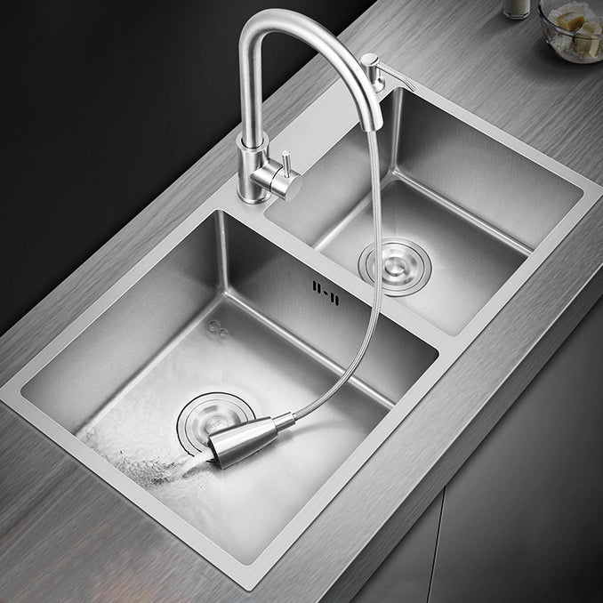 Stainless Steel Kitchen Sink Double Bowl Kitchen Sink with Rectangular Shape 31"L x 17"W x 8"H Sink with Faucet Double Tap for Water Purification Clearhalo 'Home Improvement' 'home_improvement' 'home_improvement_kitchen_sinks' 'Kitchen Remodel & Kitchen Fixtures' 'Kitchen Sinks & Faucet Components' 'Kitchen Sinks' 'kitchen_sinks' 6914409