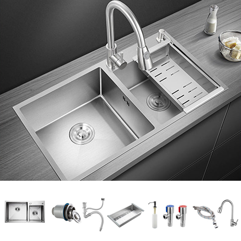 Stainless Steel Kitchen Sink Double Bowl Kitchen Sink with Rectangular Shape Sink with Faucet Pull Out Faucet Clearhalo 'Home Improvement' 'home_improvement' 'home_improvement_kitchen_sinks' 'Kitchen Remodel & Kitchen Fixtures' 'Kitchen Sinks & Faucet Components' 'Kitchen Sinks' 'kitchen_sinks' 6914413