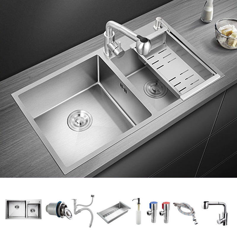 Stainless Steel Kitchen Sink Double Bowl Kitchen Sink with Rectangular Shape Sink with Faucet Straight Pull-Out Faucet Clearhalo 'Home Improvement' 'home_improvement' 'home_improvement_kitchen_sinks' 'Kitchen Remodel & Kitchen Fixtures' 'Kitchen Sinks & Faucet Components' 'Kitchen Sinks' 'kitchen_sinks' 6914415