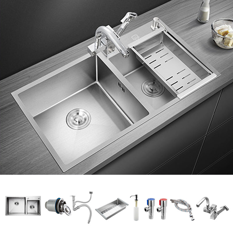 Stainless Steel Kitchen Sink Double Bowl Kitchen Sink with Rectangular Shape Sink with Faucet Robot Faucet Clearhalo 'Home Improvement' 'home_improvement' 'home_improvement_kitchen_sinks' 'Kitchen Remodel & Kitchen Fixtures' 'Kitchen Sinks & Faucet Components' 'Kitchen Sinks' 'kitchen_sinks' 6914417