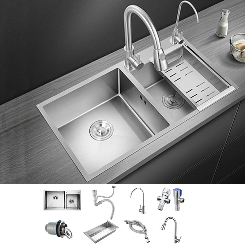 Stainless Steel Kitchen Sink Double Bowl Kitchen Sink with Rectangular Shape 28"L x 16"W x 8"H Sink with Faucet Double Tap for Water Purification Clearhalo 'Home Improvement' 'home_improvement' 'home_improvement_kitchen_sinks' 'Kitchen Remodel & Kitchen Fixtures' 'Kitchen Sinks & Faucet Components' 'Kitchen Sinks' 'kitchen_sinks' 6914419