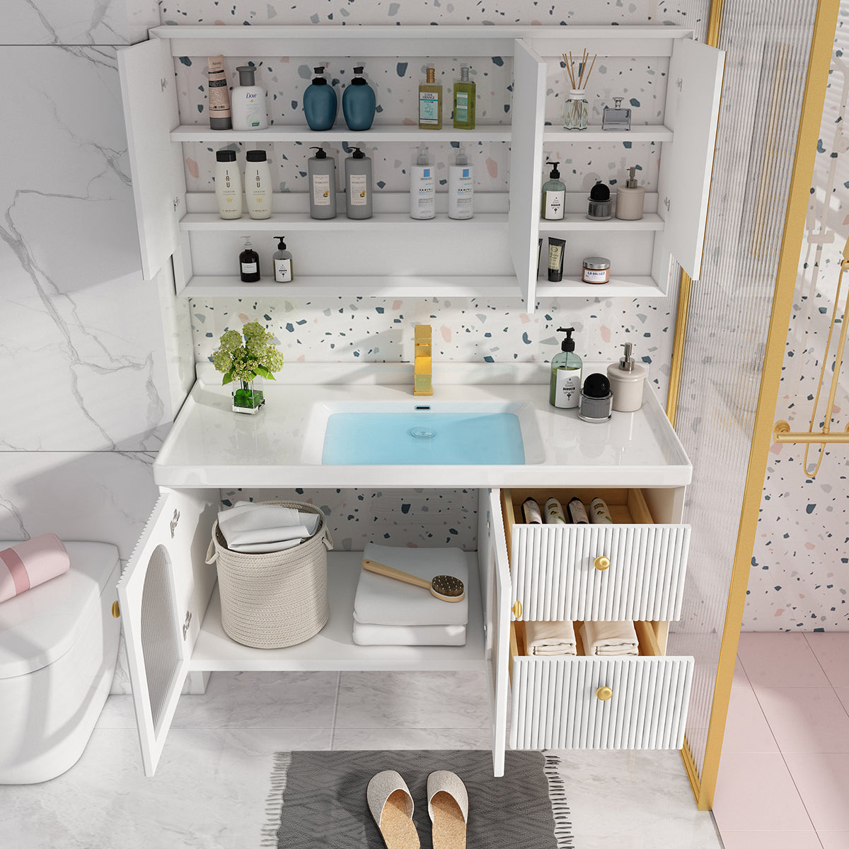 Wall Mount Bath Vanity Wood Frame Soft Close Door Single Sink White Vanity with Mirror Clearhalo 'Bathroom Remodel & Bathroom Fixtures' 'Bathroom Vanities' 'bathroom_vanities' 'Home Improvement' 'home_improvement' 'home_improvement_bathroom_vanities' 6914813