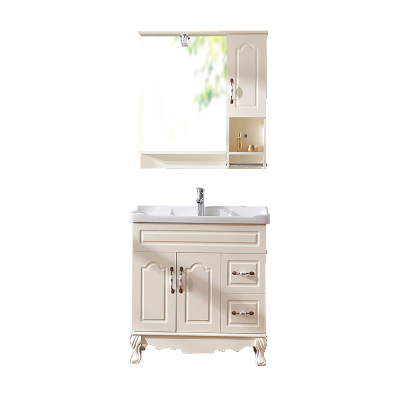 Freestanding Bathroom Vanity Single Sink White Mirror 2 Doors Vanity with Drawers Vanity & Faucet & Mirror Cabinet 28"L x 19"W x 31"H Clearhalo 'Bathroom Remodel & Bathroom Fixtures' 'Bathroom Vanities' 'bathroom_vanities' 'Home Improvement' 'home_improvement' 'home_improvement_bathroom_vanities' 6914850