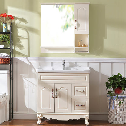 Freestanding Bathroom Vanity Single Sink White Mirror 2 Doors Vanity with Drawers Vanity & Faucet & Mirror Cabinet 24"L x 19"W x 31"H Clearhalo 'Bathroom Remodel & Bathroom Fixtures' 'Bathroom Vanities' 'bathroom_vanities' 'Home Improvement' 'home_improvement' 'home_improvement_bathroom_vanities' 6914853