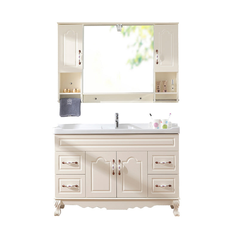 Freestanding Bathroom Vanity Single Sink White Mirror 2 Doors Vanity with Drawers Vanity & Faucet & Mirror Cabinet 48"L x 19"W x 31"H Clearhalo 'Bathroom Remodel & Bathroom Fixtures' 'Bathroom Vanities' 'bathroom_vanities' 'Home Improvement' 'home_improvement' 'home_improvement_bathroom_vanities' 6914860