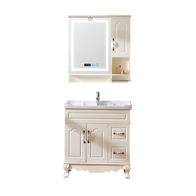 Freestanding Bathroom Vanity Single Sink White Mirror 2 Doors Vanity with Drawers Vanity & Faucet & Smart Medicine Cabinet 28"L x 19"W x 31"H Clearhalo 'Bathroom Remodel & Bathroom Fixtures' 'Bathroom Vanities' 'bathroom_vanities' 'Home Improvement' 'home_improvement' 'home_improvement_bathroom_vanities' 6914865