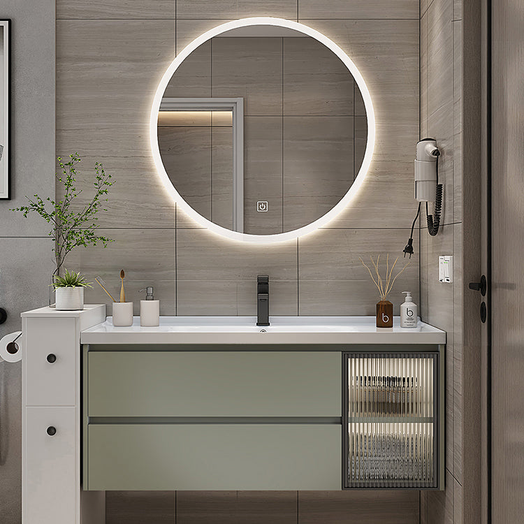 Waterproof Vanity Green Wood Frame Single Sink Drawers Mirror Wall-Mounted Vanity Clearhalo 'Bathroom Remodel & Bathroom Fixtures' 'Bathroom Vanities' 'bathroom_vanities' 'Home Improvement' 'home_improvement' 'home_improvement_bathroom_vanities' 6914884