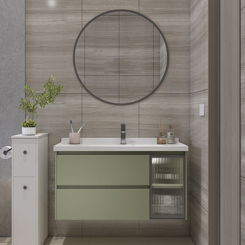 Waterproof Vanity Green Wood Frame Single Sink Drawers Mirror Wall-Mounted Vanity Vanity & Faucet & Mirrors 32"L x 20"W x 19"H Clearhalo 'Bathroom Remodel & Bathroom Fixtures' 'Bathroom Vanities' 'bathroom_vanities' 'Home Improvement' 'home_improvement' 'home_improvement_bathroom_vanities' 6914887