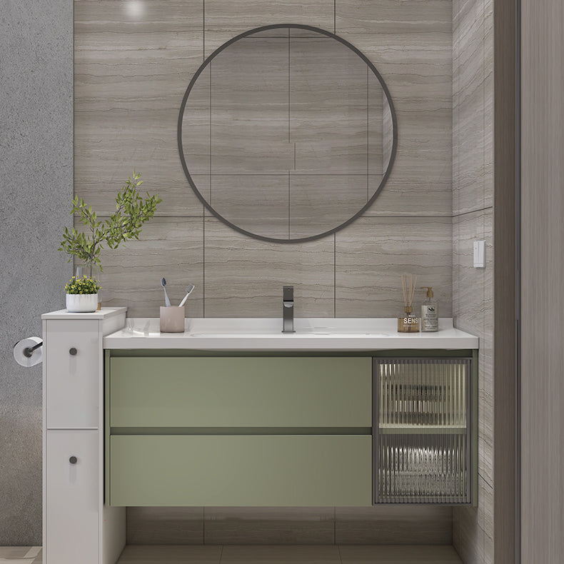 Waterproof Vanity Green Wood Frame Single Sink Drawers Mirror Wall-Mounted Vanity Vanity & Faucet & Mirrors Clearhalo 'Bathroom Remodel & Bathroom Fixtures' 'Bathroom Vanities' 'bathroom_vanities' 'Home Improvement' 'home_improvement' 'home_improvement_bathroom_vanities' 6914889