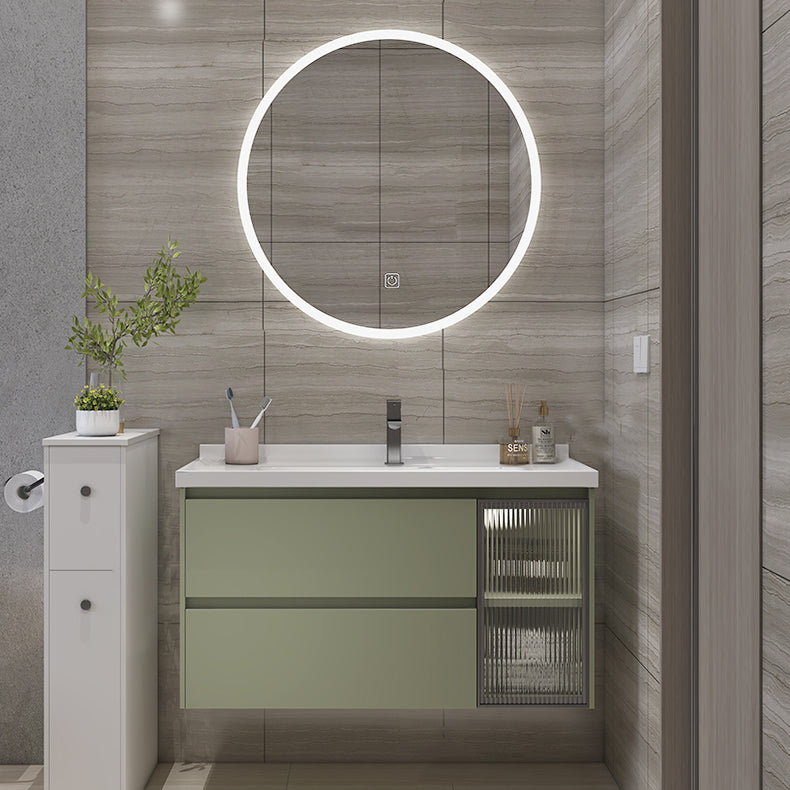 Waterproof Vanity Green Wood Frame Single Sink Drawers Mirror Wall-Mounted Vanity Vanity & Faucet & Smart Mirror 28"L x 20"W x 19"H Clearhalo 'Bathroom Remodel & Bathroom Fixtures' 'Bathroom Vanities' 'bathroom_vanities' 'Home Improvement' 'home_improvement' 'home_improvement_bathroom_vanities' 6914892