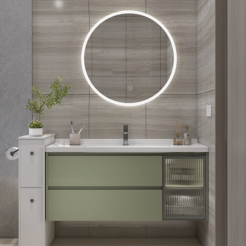 Waterproof Vanity Green Wood Frame Single Sink Drawers Mirror Wall-Mounted Vanity Vanity & Faucet & Smart Mirror Clearhalo 'Bathroom Remodel & Bathroom Fixtures' 'Bathroom Vanities' 'bathroom_vanities' 'Home Improvement' 'home_improvement' 'home_improvement_bathroom_vanities' 6914898