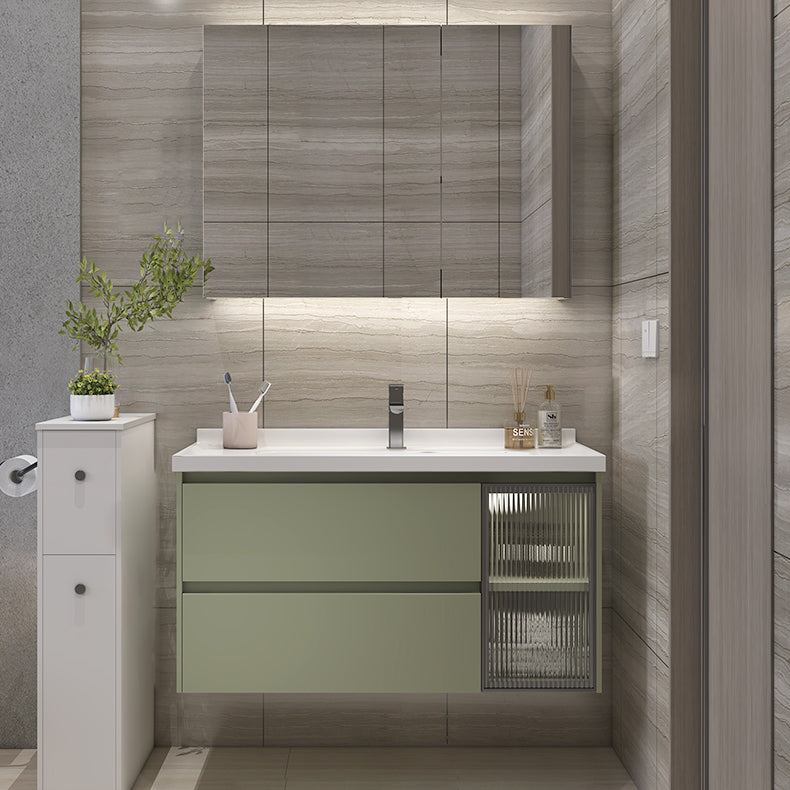 Waterproof Vanity Green Wood Frame Single Sink Drawers Mirror Wall-Mounted Vanity Vanity & Faucet & Mirror Cabinet 32"L x 20"W x 19"H Clearhalo 'Bathroom Remodel & Bathroom Fixtures' 'Bathroom Vanities' 'bathroom_vanities' 'Home Improvement' 'home_improvement' 'home_improvement_bathroom_vanities' 6914904
