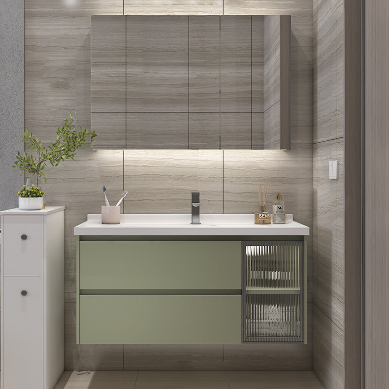 Waterproof Vanity Green Wood Frame Single Sink Drawers Mirror Wall-Mounted Vanity Vanity & Faucet & Mirror Cabinet 36"L x 20"W x 19"H Clearhalo 'Bathroom Remodel & Bathroom Fixtures' 'Bathroom Vanities' 'bathroom_vanities' 'Home Improvement' 'home_improvement' 'home_improvement_bathroom_vanities' 6914906