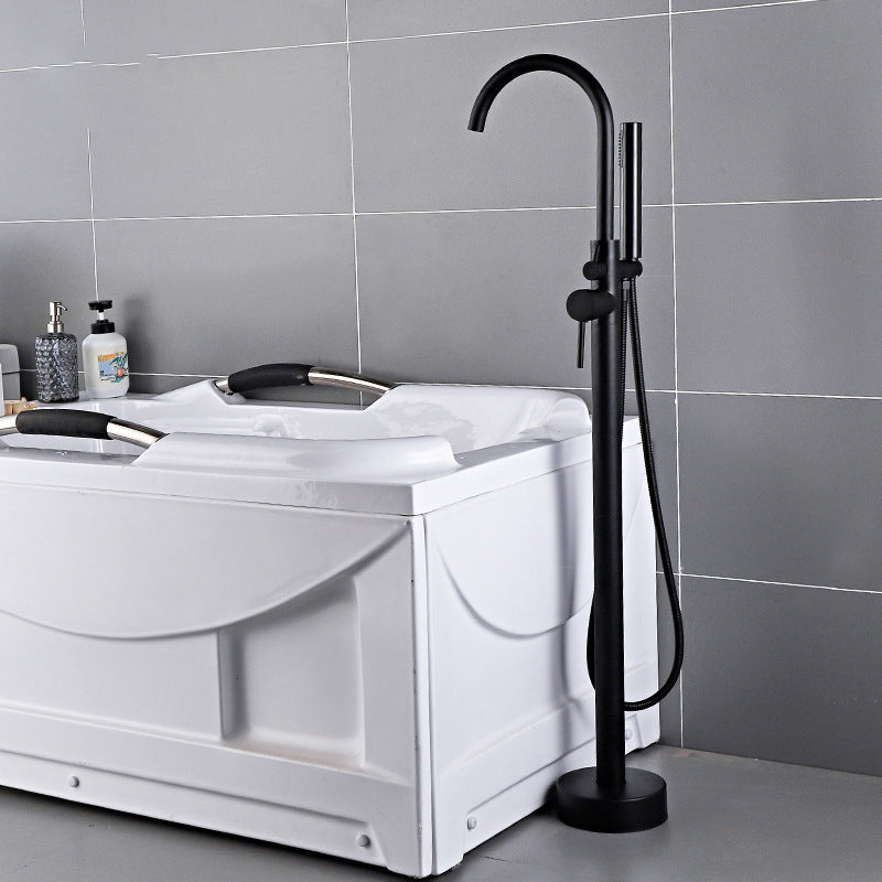 Floor Mounted Metal Freestanding Tub Filler Hand Shower Freestanding Faucet Black Gooseneck Clearhalo 'Bathroom Remodel & Bathroom Fixtures' 'Bathtub Faucets' 'bathtub_faucets' 'Home Improvement' 'home_improvement' 'home_improvement_bathtub_faucets' 6914976