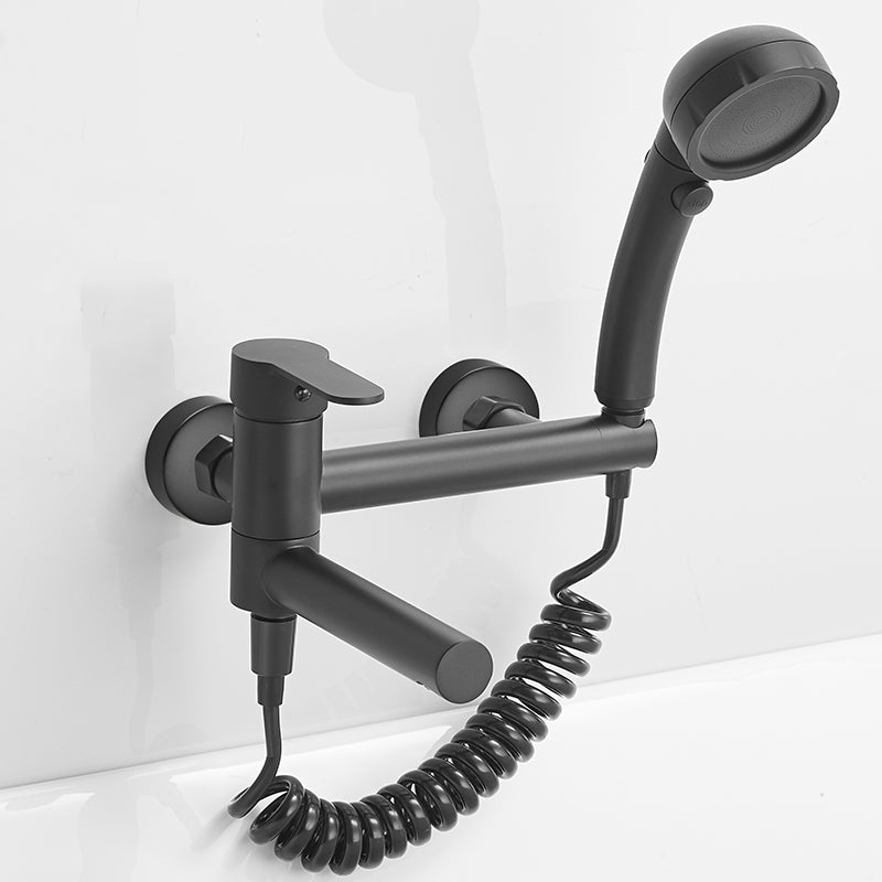 Wall Mounted Metal Rotatable Tub Filler Single Handle Faucet Black Hand Shower Included Spring Tube Included Clearhalo 'Bathroom Remodel & Bathroom Fixtures' 'Bathtub Faucets' 'bathtub_faucets' 'Home Improvement' 'home_improvement' 'home_improvement_bathtub_faucets' 6915029
