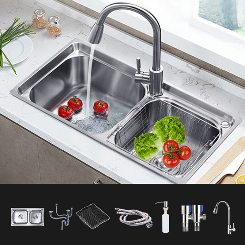 Kitchen Sink Stainless Steel Drop-In Noise-cancelling Design Kitchen Double Sink Sink with Faucet Pull Out Faucet Clearhalo 'Home Improvement' 'home_improvement' 'home_improvement_kitchen_sinks' 'Kitchen Remodel & Kitchen Fixtures' 'Kitchen Sinks & Faucet Components' 'Kitchen Sinks' 'kitchen_sinks' 6916656