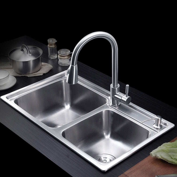 Kitchen Sink Stainless Steel Drop-In Noise-cancelling Design Kitchen Double Sink 31"L x 17"W x 8"H Sink with Faucet Pull Out Faucet Clearhalo 'Home Improvement' 'home_improvement' 'home_improvement_kitchen_sinks' 'Kitchen Remodel & Kitchen Fixtures' 'Kitchen Sinks & Faucet Components' 'Kitchen Sinks' 'kitchen_sinks' 6916661