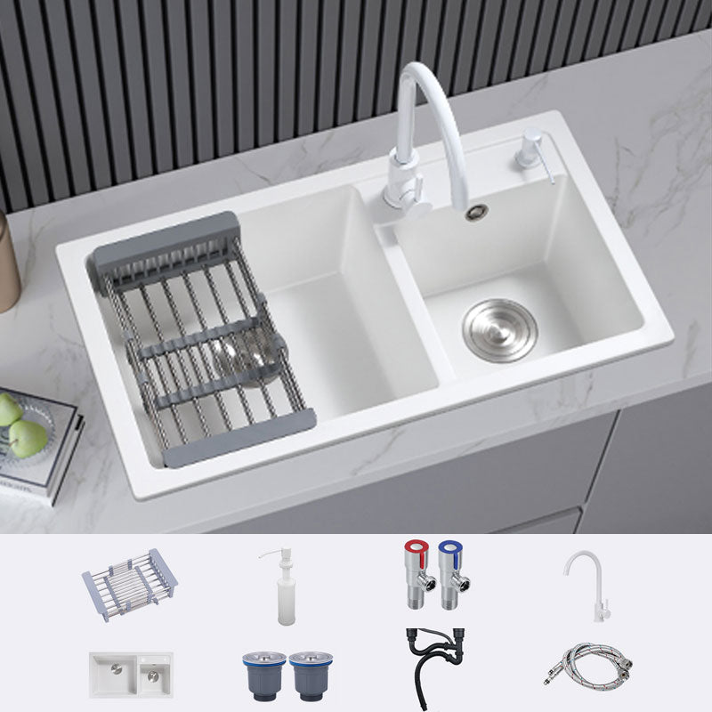 Classic Quartz Sink Double Bowl Solid Color Kitchen Sink with Faucet Sink with Faucet Gooseneck High Arc Clearhalo 'Home Improvement' 'home_improvement' 'home_improvement_kitchen_sinks' 'Kitchen Remodel & Kitchen Fixtures' 'Kitchen Sinks & Faucet Components' 'Kitchen Sinks' 'kitchen_sinks' 6926582