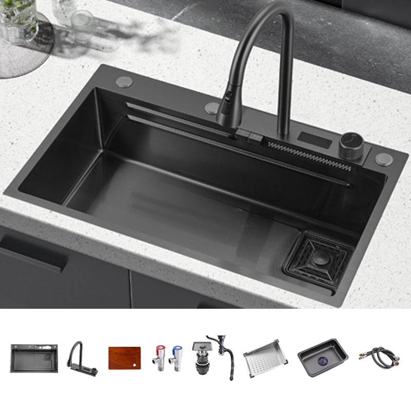 Classic Black Sink Stainless Steel Single Basin Sink with Soundproofing Sink with Faucet Pull Out Faucet Clearhalo 'Home Improvement' 'home_improvement' 'home_improvement_kitchen_sinks' 'Kitchen Remodel & Kitchen Fixtures' 'Kitchen Sinks & Faucet Components' 'Kitchen Sinks' 'kitchen_sinks' 6926598