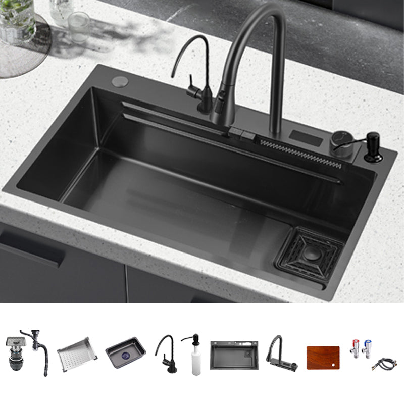 Classic Black Sink Stainless Steel Single Basin Sink with Soundproofing Sink with Faucet Pull Out Water Filter Double Faucet & Soap Dispenser Clearhalo 'Home Improvement' 'home_improvement' 'home_improvement_kitchen_sinks' 'Kitchen Remodel & Kitchen Fixtures' 'Kitchen Sinks & Faucet Components' 'Kitchen Sinks' 'kitchen_sinks' 6926599