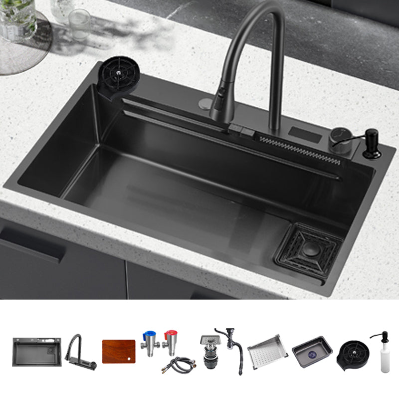 Classic Black Sink Stainless Steel Single Basin Sink with Soundproofing Sink with Faucet Pull Out Faucet Cup Washer & Soap Dispenser Clearhalo 'Home Improvement' 'home_improvement' 'home_improvement_kitchen_sinks' 'Kitchen Remodel & Kitchen Fixtures' 'Kitchen Sinks & Faucet Components' 'Kitchen Sinks' 'kitchen_sinks' 6926601