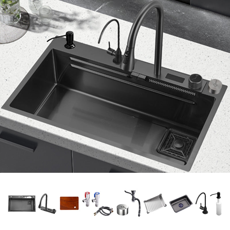 Classic Black Sink Stainless Steel Single Basin Sink with Soundproofing Sink with Faucet Pull Out Filter Double Faucet&Soap Dispenser&Deck Control Drain Clearhalo 'Home Improvement' 'home_improvement' 'home_improvement_kitchen_sinks' 'Kitchen Remodel & Kitchen Fixtures' 'Kitchen Sinks & Faucet Components' 'Kitchen Sinks' 'kitchen_sinks' 6926603