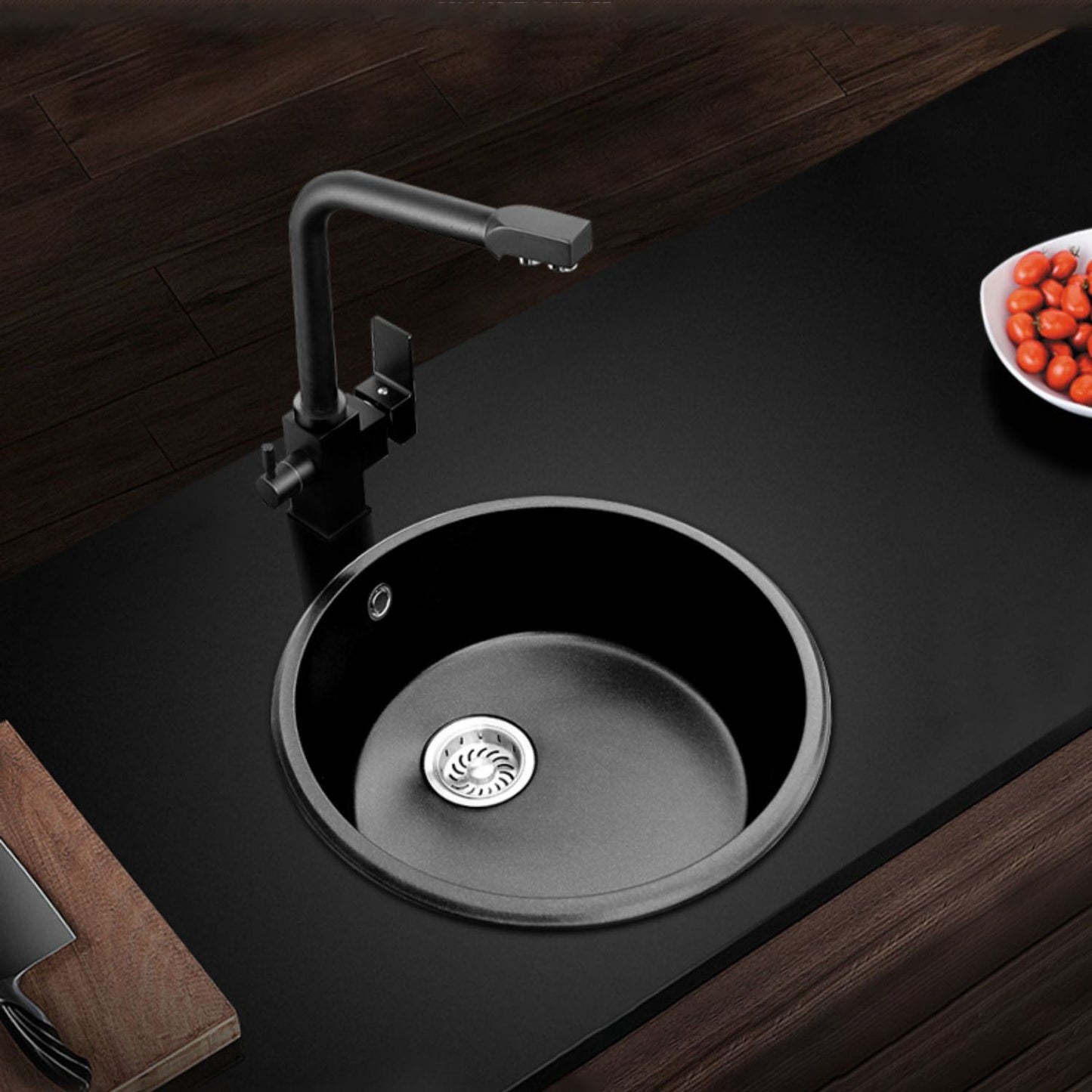 Round Granite Kitchen Sink in Black with Drain Assembly Undermount Sink Clearhalo 'Home Improvement' 'home_improvement' 'home_improvement_kitchen_sinks' 'Kitchen Remodel & Kitchen Fixtures' 'Kitchen Sinks & Faucet Components' 'Kitchen Sinks' 'kitchen_sinks' 6926716