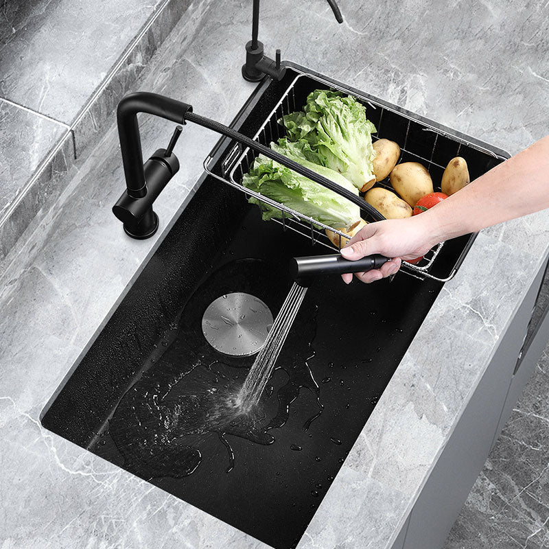 Contemporary Black Sink Single Bowl Overflow Hole Kitchen Sink with Faucet Clearhalo 'Home Improvement' 'home_improvement' 'home_improvement_kitchen_sinks' 'Kitchen Remodel & Kitchen Fixtures' 'Kitchen Sinks & Faucet Components' 'Kitchen Sinks' 'kitchen_sinks' 6926729