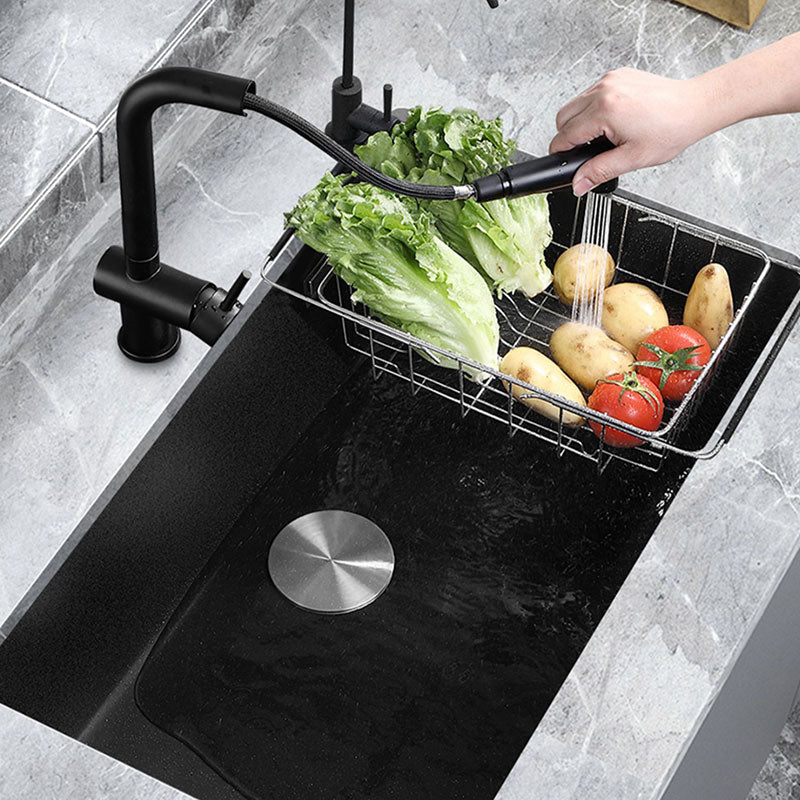 Contemporary Black Sink Single Bowl Overflow Hole Kitchen Sink with Faucet Clearhalo 'Home Improvement' 'home_improvement' 'home_improvement_kitchen_sinks' 'Kitchen Remodel & Kitchen Fixtures' 'Kitchen Sinks & Faucet Components' 'Kitchen Sinks' 'kitchen_sinks' 6926732