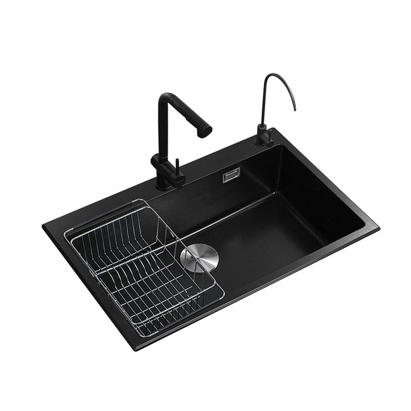 Contemporary Black Sink Single Bowl Overflow Hole Kitchen Sink with Faucet Clearhalo 'Home Improvement' 'home_improvement' 'home_improvement_kitchen_sinks' 'Kitchen Remodel & Kitchen Fixtures' 'Kitchen Sinks & Faucet Components' 'Kitchen Sinks' 'kitchen_sinks' 6926733