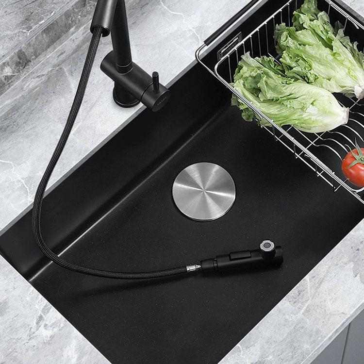 Contemporary Black Sink Single Bowl Overflow Hole Kitchen Sink with Faucet Clearhalo 'Home Improvement' 'home_improvement' 'home_improvement_kitchen_sinks' 'Kitchen Remodel & Kitchen Fixtures' 'Kitchen Sinks & Faucet Components' 'Kitchen Sinks' 'kitchen_sinks' 6926738