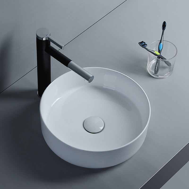 Modern White Vessel Sink Porcelain Shut-Off Valve Included Bathroom Sink 16"L x 16"W x 5"H Sink with Faucet Clearhalo 'Bathroom Remodel & Bathroom Fixtures' 'Bathroom Sinks & Faucet Components' 'Bathroom Sinks' 'bathroom_sink' 'Home Improvement' 'home_improvement' 'home_improvement_bathroom_sink' 6926815