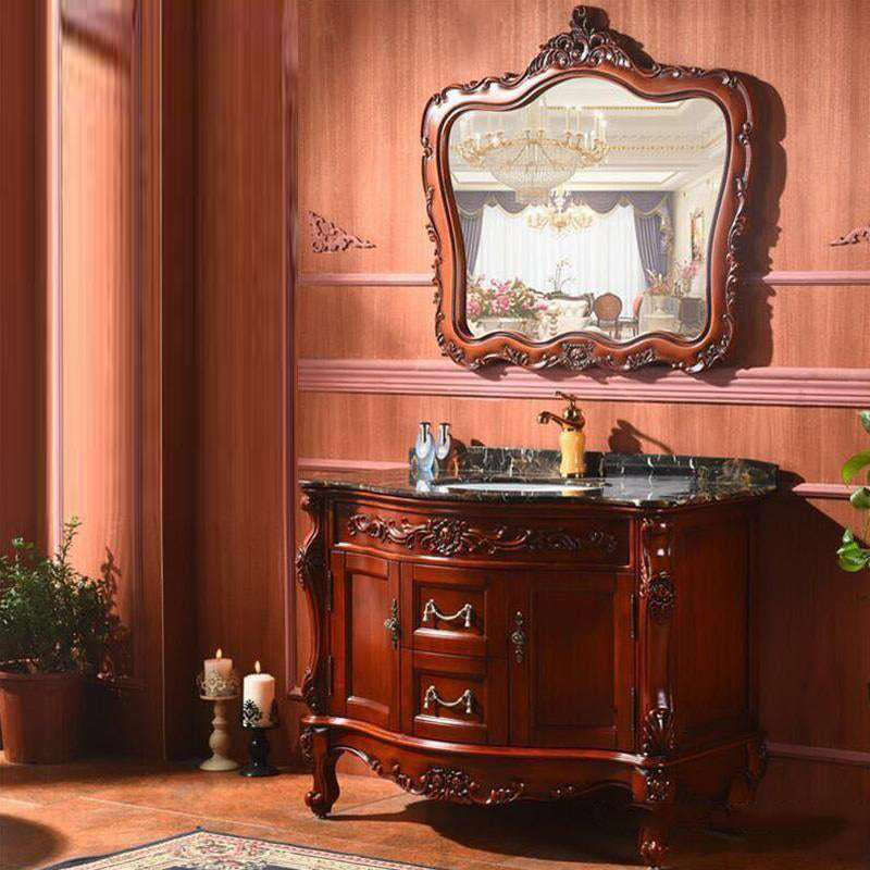 Drawers Vanity Set Wood Frame Oval Single Sink Mirror Freestanding Vanity with 2 Doors Clearhalo 'Bathroom Remodel & Bathroom Fixtures' 'Bathroom Vanities' 'bathroom_vanities' 'Home Improvement' 'home_improvement' 'home_improvement_bathroom_vanities' 6926946